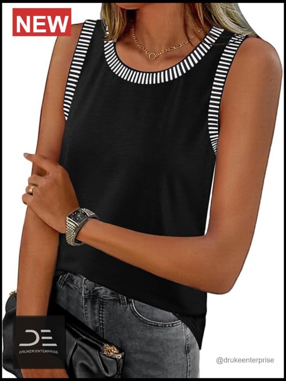 Womens Summer Sleeveless Tank Top Striped Crewneck Beach Casual Blouse